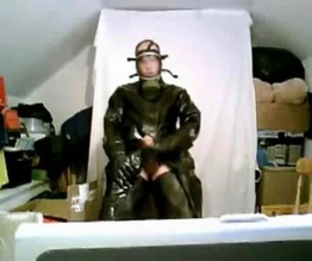 siebe gorman firemans mask, vintage 60's oilskin mac, industrial neoprene gauntlets, dunlop waders