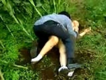 a man and a woman are lying in the grass, engaged in intimate activities